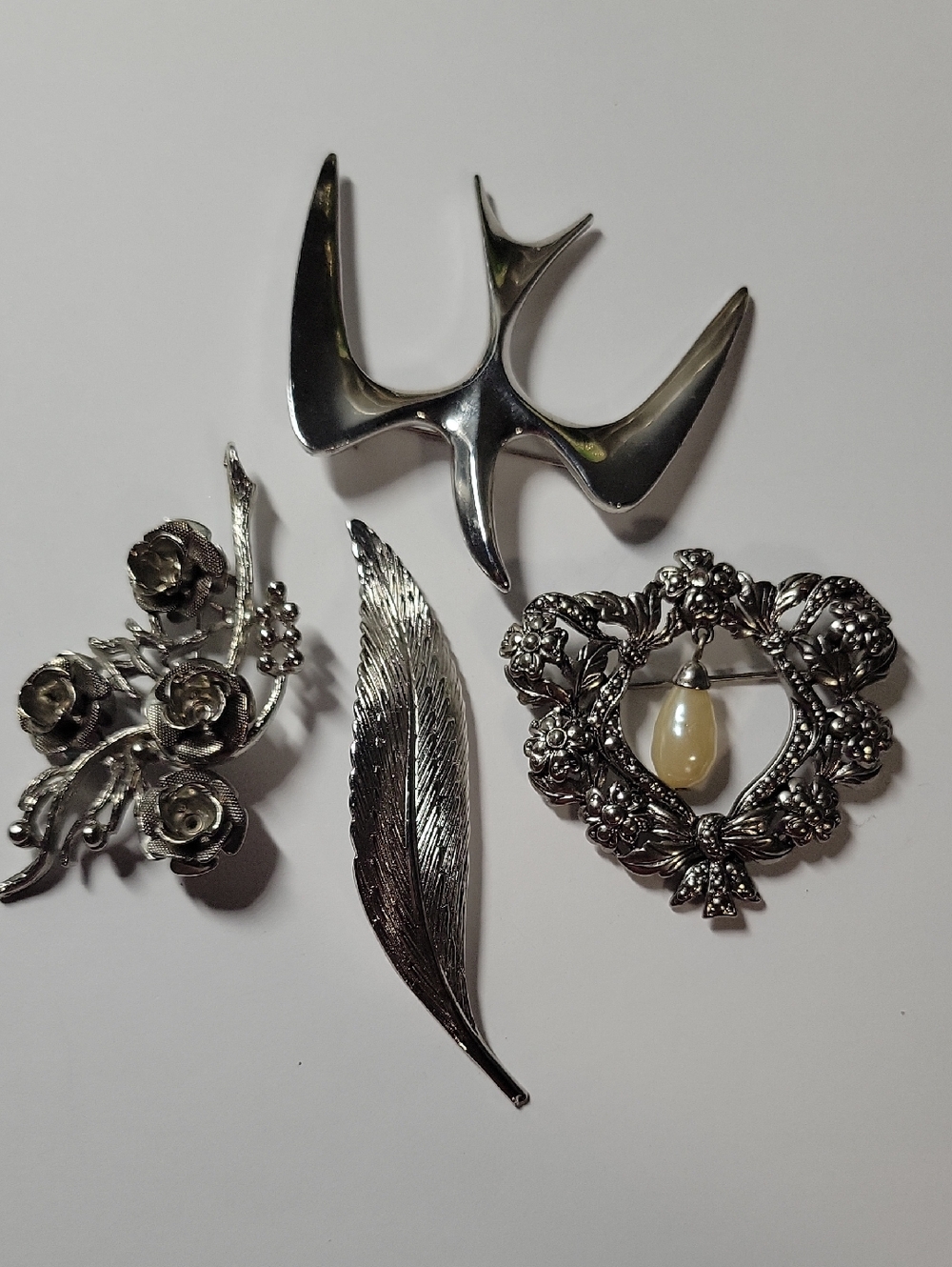 Sarah Coventry Silver-Tone Floral Heart Brooch with Pearl Drop
